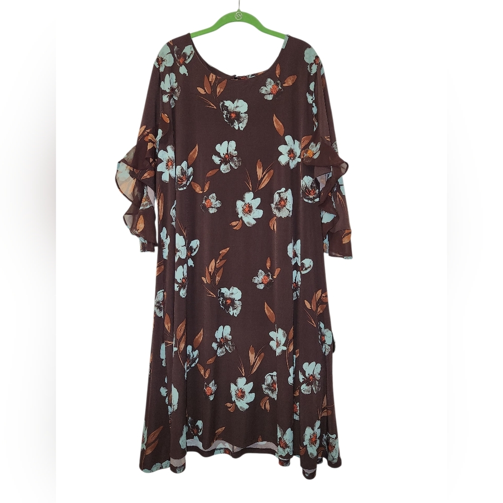 Cato EST. 1946 Brown Floral Ruffled Three Quarter Sleeve Flowy Midi Dress